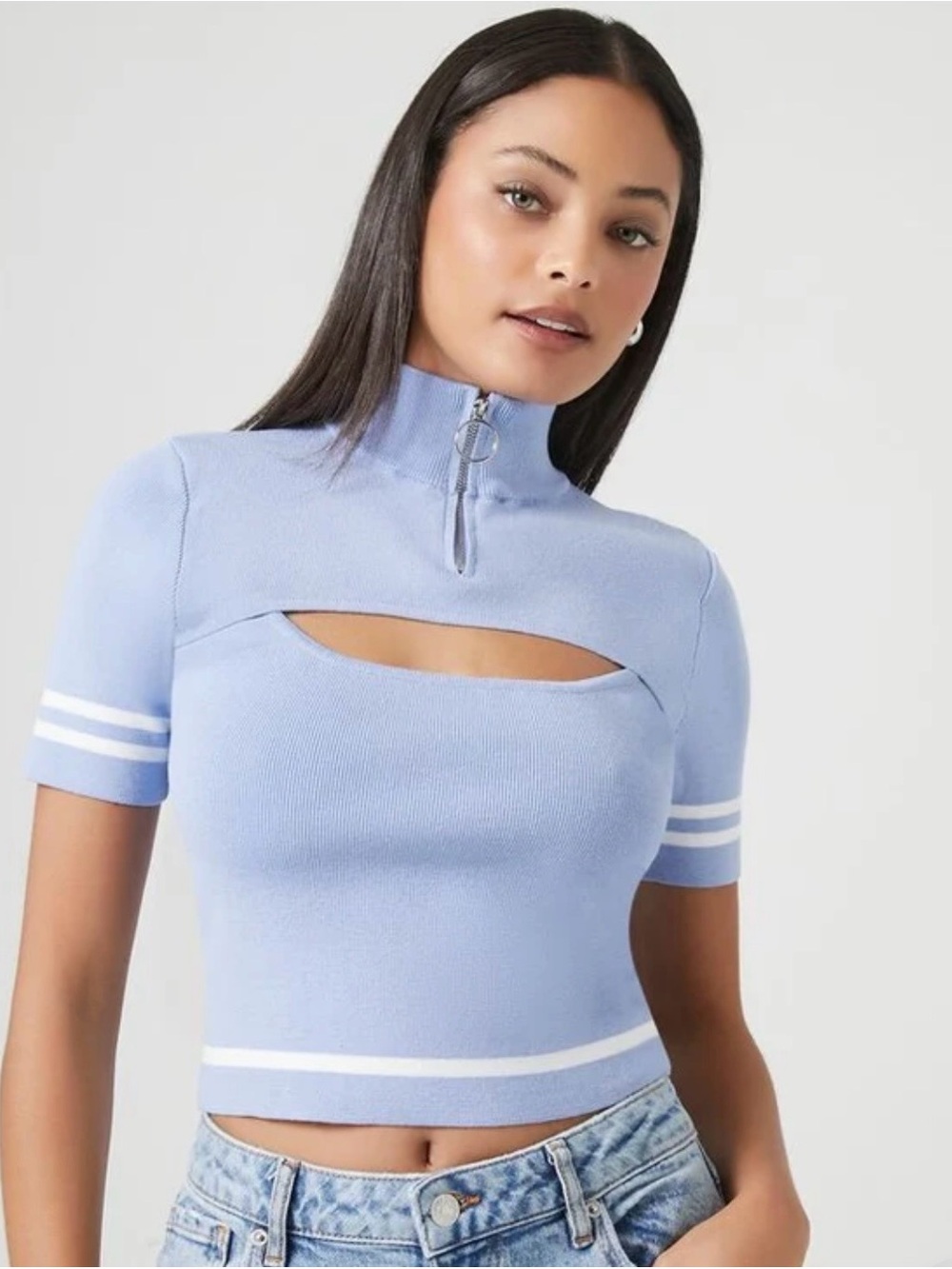 Forever 21 Cropped Cutout Mock Neck Top in Light Blue
